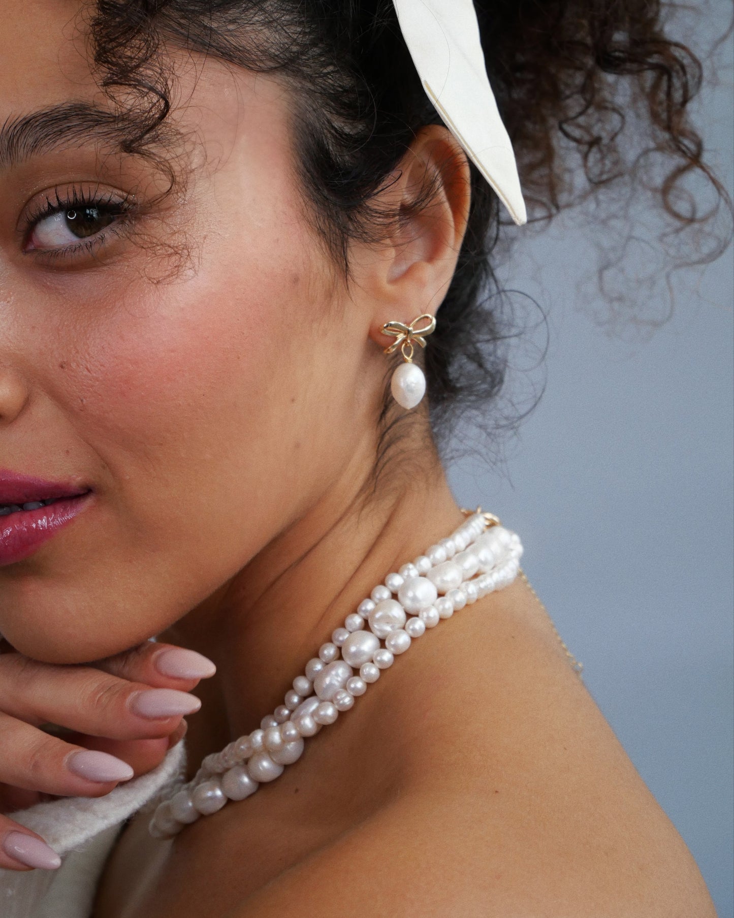 Curled hair model  white bow white pearl gold bow with white pearl necklace pearl 14K gold Earrings