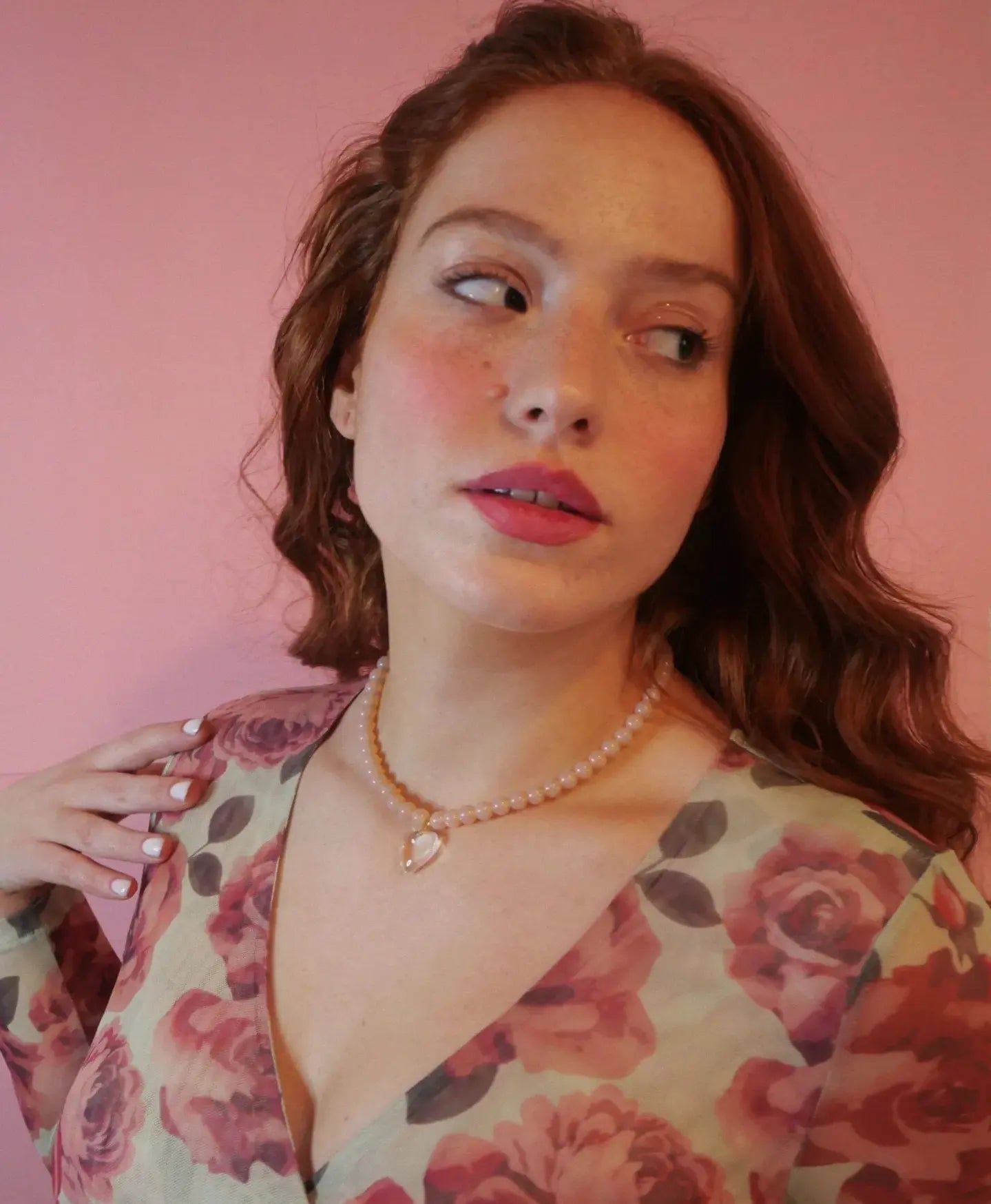 redhead model  floral shirt Pink Crystal necklace 14k gold