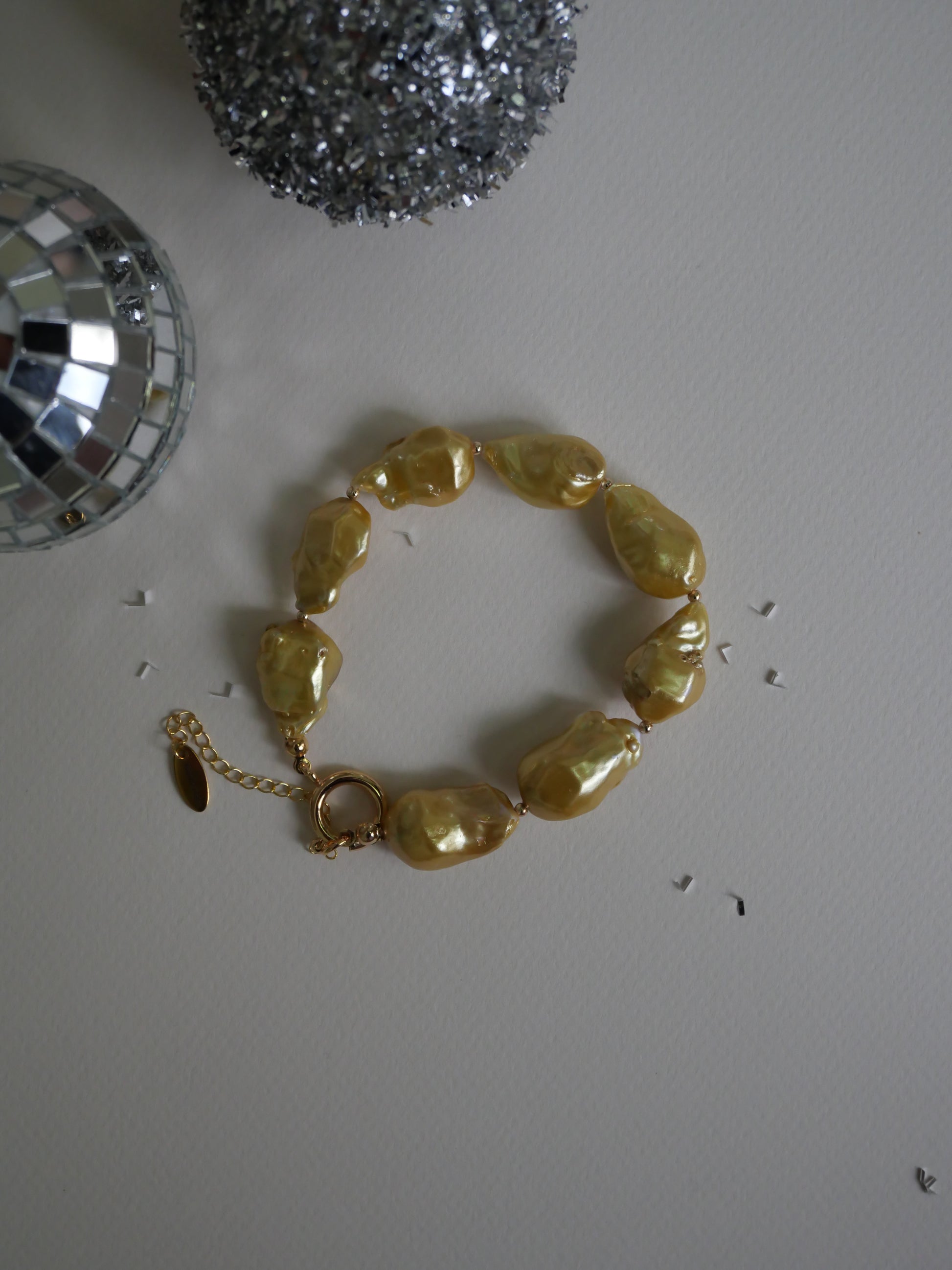 Gold bracelet gold baroque pearls disco ball