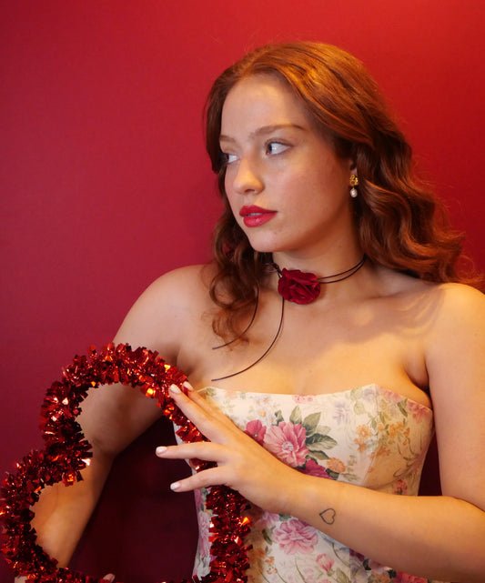 valentines red heart redhead model floral Corset red heart choker necklace with gold earring white pearl