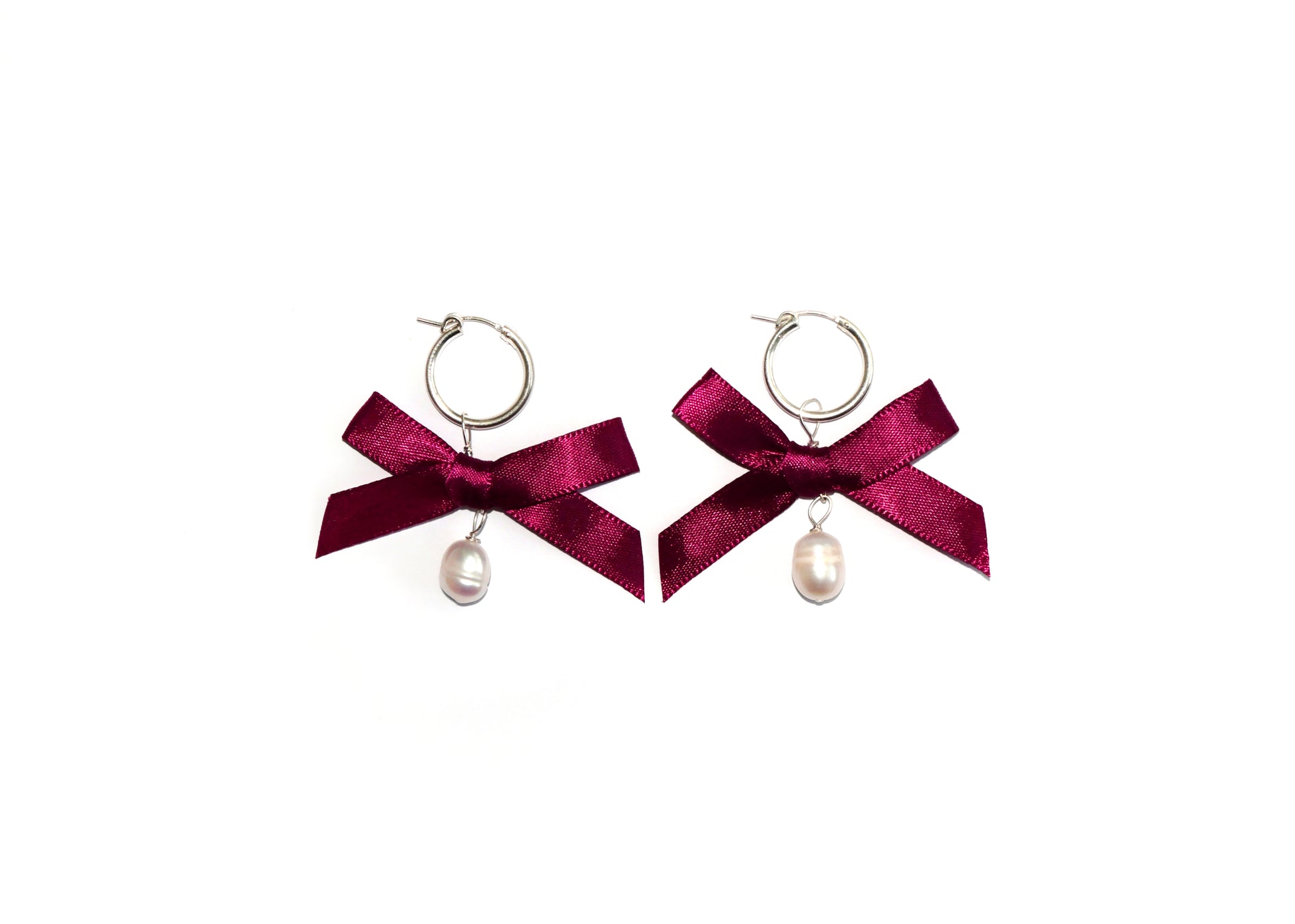 Red silk bow earrings with white pearl gold hoops